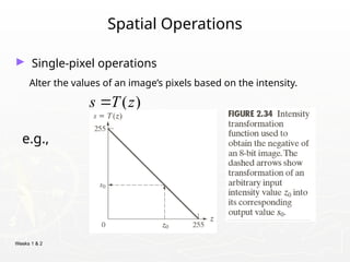 Weeks 1 & 2
Spatial Operations
► Single-pixel operations
Alter the values of an image’s pixels based on the intensity.
e.g.,
( )
s T z

 