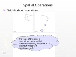 Weeks 1 & 2
Spatial Operations
► Neighborhood operations
The value of this pixel is
determined by a specified
operation involving the pixels in
the input image with
coordinates in Sxy
 