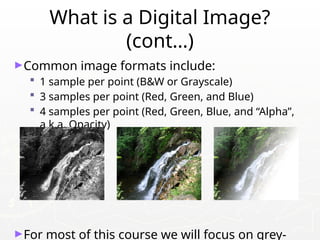 What is a Digital Image?
(cont…)
►Common image formats include:
 1 sample per point (B&W or Grayscale)
 3 samples per point (Red, Green, and Blue)
 4 samples per point (Red, Green, Blue, and “Alpha”,
a.k.a. Opacity)
►For most of this course we will focus on grey-
 