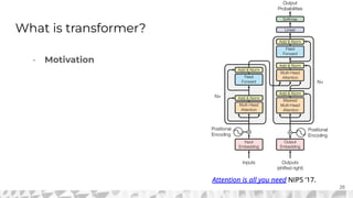 What is transformer?
- Motivation
26
Attention is all you need NIPS ‘17.
 
