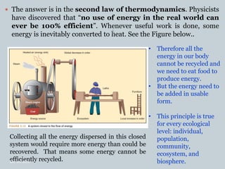  The answer is in the second law of thermodynamics. Physicists
have discovered that “no use of energy in the real world can
ever be 100% efficient”. Whenever useful work is done, some
energy is inevitably converted to heat. See the Figure below..
• Therefore all the
energy in our body
cannot be recycled and
we need to eat food to
produce energy.
• But the energy need to
be added in usable
form.
• This principle is true
for every ecological
level: individual,
population,
community,
ecosystem, and
biosphere.
Collecting all the energy dispersed in this closed
system would require more energy than could be
recovered. That means some energy cannot be
efficiently recycled.Lec 10; MrL
5
 