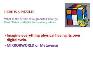HERE IS A PUZZLE:
What is the future of Augmented Reality?
Hint: Think of digital twins everywhere
•Imagine everything physical having its own
digital twin.
•MIRRORWORLD or Metaverse
 