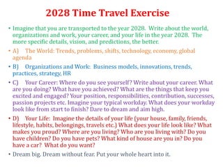 2028 Time Travel Exercise
• Imagine that you are transported to the year 2028. Write about the world,
organizations and work, your career, and your life in the year 2028. The
more specific details, vision, and predictions, the better.
• A) The World: Trends, problems, shifts, technology, economy, global
agenda
• B) Organizations and Work: Business models, innovations, trends,
practices, strategy, HR
• C) Your Career: Where do you see yourself? Write about your career. What
are you doing? What have you achieved? What are the things that keep you
excited and engaged? Your position, responsibilities, contribution, successes,
passion projects etc. Imagine your typical workday. What does your workday
look like from start to finish? Dare to dream and aim high.
• D) Your Life: Imagine the details of your life (your house, family, friends,
lifestyle, habits, belongings, travels etc.) What does your life look like? What
makes you proud? Where are you living? Who are you living with? Do you
have children? Do you have pets? What kind of house are you in? Do you
have a car? What do you want?
• Dream big. Dream without fear. Put your whole heart into it.
 