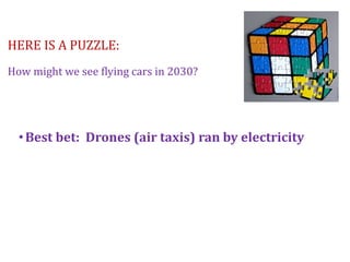 HERE IS A PUZZLE:
How might we see flying cars in 2030?
•Best bet: Drones (air taxis) ran by electricity
 