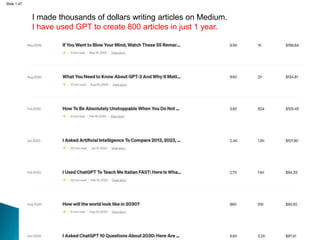 Slide 1.47
I made thousands of dollars writing articles on Medium.
I have used GPT to create 800 articles in just 1 year.
 