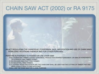 CHAIN SAW ACT (2002) or RA 9175




AN ACT REGULATING THE OWNERSHIP, POSSESSION, SALE, IMPORTATION AND USE OF CHAIN SAWS,
  PENALIZING VIOLATIONS THEREOF AND FOR OTHER PURPOSES

PERSONS AUTHORIZED TO POSSES OR USE CHAIN SAW:
   HAS A SUBSISTING TIMBER LICENSE AGREEMENT, PRODUCTION SHARING AGREEMENT, OR SIMILAR AGREEMENTS,
      OR A PRIVATE LAND TIMBER PERMIT;
   IS AN ORCHARD AND FRUIT TREE FARMER;
   IS AN INDUSTRIAL TREE FARMER;
   IS A LICENSED WOOD PROCESSOR AND THE CHAIN SAW SHALL BE USED FOR THE CUTTING OF TIMBER THAT HAS
      BEEN LEGALLY SOLD TO SAID APPLICANT
   SHALL USE THE CHAIN SAW FOR A LEGAL PURPOSE.
 