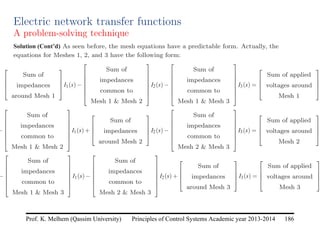 Principles of Control Systems Academic year 2013-2014 186
Prof. K. Melhem (Qassim University)
Electric network transfer functions
A problem-solving technique
Solution (Cont’d) As seen before, the mesh equations have a predictable form. Actually, the
equations for Meshes 1, 2, and 3 have the following form:




Sum of
impedances
around Mesh 1



I1(s)−







Sum of
impedances
common to
Mesh 1  Mesh 2







I2(s)−







Sum of
impedances
common to
Mesh 1  Mesh 3







I3(s) =




Sum of applied
voltages around
Mesh 1




−







Sum of
impedances
common to
Mesh 1  Mesh 2







I1(s)+




Sum of
impedances
around Mesh 2



I2(s)−







Sum of
impedances
common to
Mesh 2  Mesh 3







I3(s) =




Sum of applied
voltages around
Mesh 2




−







Sum of
impedances
common to
Mesh 1  Mesh 3







I1(s)−







Sum of
impedances
common to
Mesh 2  Mesh 3







I2(s)+




Sum of
impedances
around Mesh 3



I3(s) =




Sum of applied
voltages around
Mesh 3




 