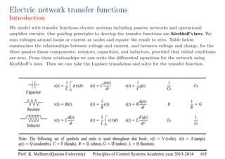 Principles of Control Systems Academic year 2013-2014 165
Prof. K. Melhem (Qassim University)
Electric network transfer functions
Introduction
We model with transfer functions electric systems including passive networks and operational
amplifier circuits. Our guiding principles to develop the transfer functions are Kirchhoff’s laws; We
sum voltages around loops or current at nodes and equate the result to zero. Table below
summarizes the relationships between voltage and current, and between voltage and charge, for the
three passive linear components: resistors, capacitors, and inductors, provided that initial conditions
are zero. From these relationships we can write the differential equations for the network using
Kirchhoff’s laws. Then we can take the Laplace transforms and solve for the transfer function.
 