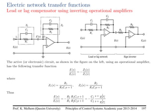 Principles of Control Systems Academic year 2013-2014 197
Prof. K. Melhem (Qassim University)
Electric network transfer functions
Lead or lag compensator using inverting operational amplifiers
The active (or electronic) circuit, as shown in the figure on the left, using an operational amplifier,
has the following transfer function
E(s)
Ei(s)
= −
Z2(s)
Z1(s)
where
Z1(s) =
R1
R1C1s+1
, Z2(s) =
R2
R1C2s+1
Thus
E(s)
Ei(s)
= −
R2
R1
R1C1s+1
R2C2s+1
= −
C1
C2
s+ 1
R1C1
s+ 1
R2C2
 