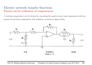 Principles of Control Systems Academic year 2013-2014 204
Prof. K. Melhem (Qassim University)
Electric network transfer functions
Passive-circuit realization of compensators
A lead-lag compensator can be formed by cascading the passive-circuit lag compensator with the
passive-circuit lead compensator with isolation, as shown in figure below.
 