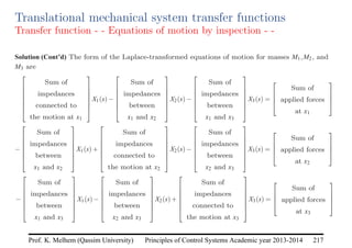 Principles of Control Systems Academic year 2013-2014 217
Prof. K. Melhem (Qassim University)
Translational mechanical system transfer functions
Transfer function - - Equations of motion by inspection - -
Solution (Cont’d) The form of the Laplace-transformed equations of motion for masses M1,M2, and
M3 are







Sum of
impedances
connected to
the motion at x1







X1(s)−







Sum of
impedances
between
x1 and x2







X2(s)−







Sum of
impedances
between
x1 and x3







X3(s) =




Sum of
applied forces
at x1




−







Sum of
impedances
between
x1 and x2







X1(s)+







Sum of
impedances
connected to
the motion at x2







X2(s)−







Sum of
impedances
between
x2 and x3







X3(s) =




Sum of
applied forces
at x2




−







Sum of
impedances
between
x1 and x3







X1(s)−







Sum of
impedances
between
x2 and x3







X2(s)+







Sum of
impedances
connected to
the motion at x3







X3(s) =




Sum of
applied forces
at x3




 