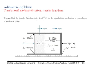 Principles of Control Systems Academic year 2013-2014 241
Prof. K. Melhem (Qassim University)
Additional problems
Translational mechanical system transfer functions
Problem Find the transfer function g(s) = X2(s)/F(s) for the translational mechanical system shown
in the figure below.
 