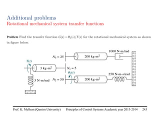 Principles of Control Systems Academic year 2013-2014 243
Prof. K. Melhem (Qassim University)
Additional problems
Rotational mechanical system transfer functions
Problem Find the transfer function G(s) = θ2(s)/T(s) for the rotational mechanical system as shown
in figure below.
 