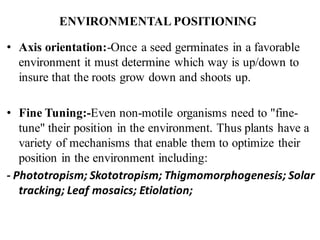ENVIRONMENTAL POSITIONING
• Axis orientation:-Once a seed germinates in a favorable
environment it must determine which way is up/down to
insure that the roots grow down and shoots up.
• Fine Tuning:-Even non-motile organisms need to "fine-
tune" their position in the environment. Thus plants have a
variety of mechanisms that enable them to optimize their
position in the environment including:
- Phototropism; Skototropism; Thigmomorphogenesis; Solar
tracking; Leaf mosaics; Etiolation;
 