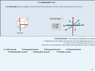 17
Crystal Systems:- The Crystals are divided into two classes:
A- Depend on the Axis lengths of Crystal and the Axial Angles between (α, β, γ )
B- Depend on the grad of Symmetry elements in the Crystal
On the basis of (A and B) above, the Crystal systems divided into (seven-7) systems:
1- Cubic System. 2-Tetragonal System. 3-Hexagonal System. 4-Trigonal System.
5-Orthorhombic System. 6-Monoclinic System. 7-Triclinic system.
c-
c+
b+b-
a-
a+
Axial Cross
2
1
3
1,2,3-Axial Angles
1= α Angle
2=β Angle
3 =γ Angle
Crystallographic Axes
Crystallographic Axes are imaginary, three lines into Crystal, intersects at Crystal Center in point named (Axial Cross).
17
 