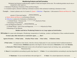 47
Weathering Products and Soil Formation
Mechanical and chemical weathering plays together to break and integrate all the rocks. The weathering products may be stay or
transported to other region as:-
1- Mechanical Weathering is Dominant at Polar and Desert Region.
2- At moderate regions, chemical weathering is dominant at summer while mechanical weathering is dominant at winter.
Example :- Granite is plutonic rock, It is Consist of ( Quartz + Orthoclase + Plagioclase + Little amount of Biotite and Muscovite + Trace
amount of Zircon and Apatite).
a- Quartz, Biotite and Muscovite are Resistance Minerals.
b- Orthoclase is analysis by (Carbonation or Hydration) into
1- Colloidal Silicate + Potassium Salt Dissolved in Water.
2- Remaining of Clay Minerals.
c- Iron and Magnesium Minerals
1-Colloidal Silicate + Some of Iron and Magnesium dissolved in Water.
2-Remaining of Clay Minerals.
Boulders and Soil are Weathering Products in very Large regions on Earth Surface.
Chemical Weathering
Chemical Weathering
B-Erosion:-It is mean rocks disintegrate (Weathering), transportation of weathering products and Deposition of these weathered materials.
Erosion is play either destructive or constructive agent……… How?
Agents of Erosion :- 1-Wind Action. 2-Surface Water Action 3-Seas Action.. 4-Glacierse Action.
1-Wind Action : It is depend on wind velocity. when the velocity at high speed, It is carry maximum load of weathered materials to
different distance (Deflation) especially at dry Regions. here the wind action is Destructive, So by wind Abrasion.
a- Destructive Wind Action:-Differential erosion in the soft and hard of sequence layers are forming many geomorphologic
Phenomenon like:-
1- Mesa:-It is local platform surrounding by gentle slope figure1A . 2- Butte:- It is an isolated platform surrounding by step slope figure1B.
3- Mushroom:- It is an reverse half dome with neck figure I C . 4- Oasis:- It is a desert depression by wind action.
 