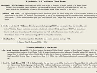 5
Hypothesis of Earth Creation and Global System
1-Buffoon Ht 1707-1788 (France) :-The first scientist, which is put an idea for the source of earth in his book, (The Natural History).
The idea is the present global system results from very hard attack between the sun and one of big solar mass, then many big
masses are separated and swimming in Space to different distances around the sun controlled by Sun gravity.
2-Kants Ht 1755 (German) :-This hypothesis proposed that the whole solar system was consist of very much of small solid parts swimming in the
global system in high speed. This parts were collected together by gravity with high heating due to attachment between it, which result very ho
gases (NEBULA) rotated around together in great speed. This conditions gives a hot gas rings and by the, out of center force forming our Sun
system.
3-Nebular or Lab Lass Ht 1796 France:-The solar system in the beginning ( NEBULA) was occupied about four sizes of the solar
system. With time, there are heating loss ,contraction which results rotation with high speed around (NEBULA) axis .at same
time the out of center force makes a cycle with irregular out line which results a big masses named the solar system. later
the contraction of masses with continuous cooling and rotation makeup the solar system.
4-Other hypothesis:- a-Planetesimal hypothesis (Chamberlin- and Moulton American- Geologist 1905).
b-Gaseous Tidal Ht (Jemis and Jeffery 1929).
New theories in origin of solar system
1-The Nuclear Explosions Theory 1931:-This Theory suggests that, a part of Global Space is composed of Dense Gases (Protogalaxy). With time
these gases collects together to form ( Nuclear Cells). So at same time Great explosions is happened for global bodies which is separated i
faraway from its original space to form (Global Galaxy). After that the Gases are began cooling with space reduction and rotation, then
finally a new birth for solar Galaxy in space, before about 10-13 Billion years ,while Gases condensation is create about 250 million years
ago.
2-Great Gas Cloud Theory 1942 -1948:-In the beginning the Sun and Stars were as Global cloud consist of Gases and dust. it is condensed by
stars light pressure, dust and gases gravity forces. This conditions lead to create rotation state to form (Primary Nuclei), The remanen
clouds stays in the center forming the Sun. Later this theory considered the Electromagnetic force is played as important agent in globa
system.
5
 
