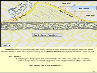 50
Wind Wa rd Slope
Eddy
Current
Lee Slope
Wind Direction
Faster Wind
Slower Wind
1030
S a n d D u n e F o r m i n g
Sand Dunes Forming is a result of reducing at wind velocity. Sand dues are growth around small part (Gravel or Sand) called Nucleus.
Some times it moves to another place with wind direction by way of Sand Dunes Migration. Dunes highest is between (few – many Tens) feet.
Loess Deposits :-
It is very fine grains (Dust) of quartz, mica, calcite and feldspar with reddish yellow, suspended in air for a long
distance, Then it is descend on earth surface by gravity or rainfall. The typical formation is Loess Area in France.
There are many kinds of Sand Dunes Figure 3 :-
Figure 2 B
50
 