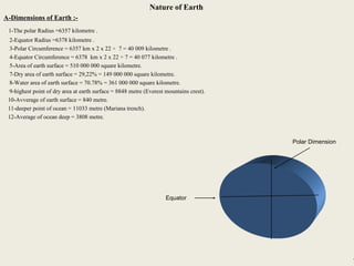 7
Nature of Earth
A-Dimensions of Earth :-
1-The polar Radius =6357 kilometre .
2-Equator Radius =6378 kilometre .
3-Polar Circumference = 6357 km x 2 x 22 ÷ 7 = 40 009 kilometre .
4-Equator Circumference = 6378 km x 2 x 22 ÷ 7 = 40 077 kilometre .
5-Area of earth surface = 510 000 000 square kilometre.
7-Dry area of earth surface = 29,22% = 149 000 000 square kilometre.
8-Water area of earth surface = 70.78% = 361 000 000 square kilometre.
9-highest point of dry area at earth surface = 8848 metre (Everest mountains crest).
10-Avverage of earth surface = 840 metre.
11-deeper point of ocean = 11033 metre (Mariana trench).
12-Average of ocean deep = 3808 metre.
Equator
Polar Dimension
7
 