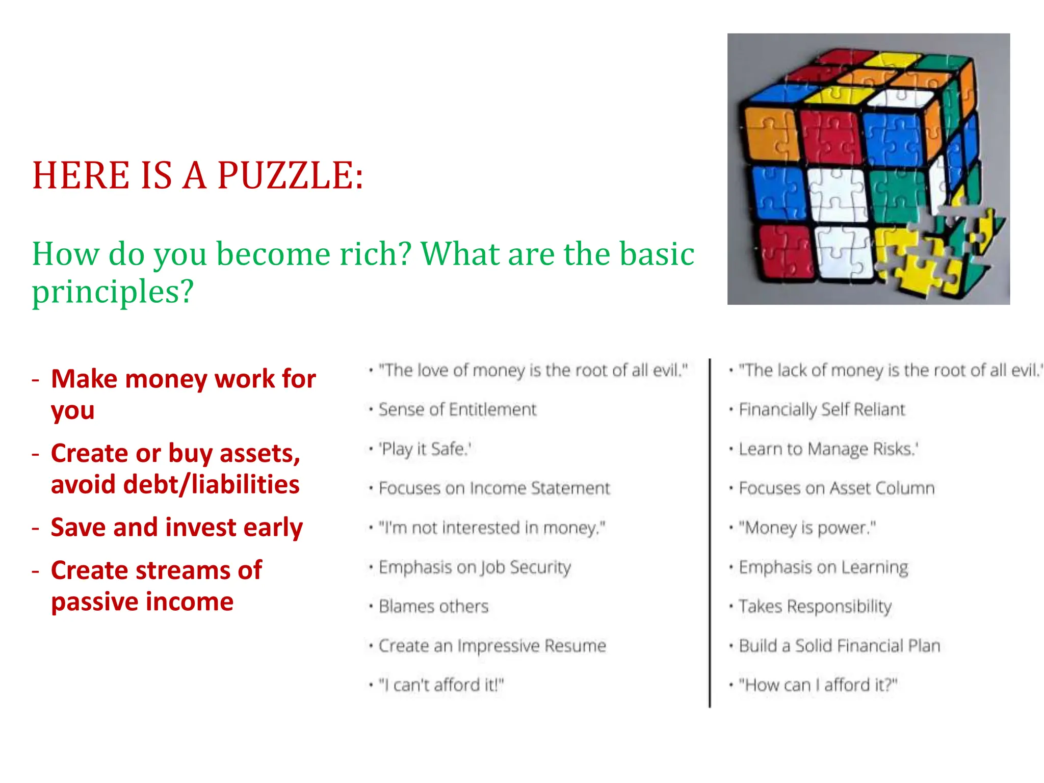 HERE IS A PUZZLE:
How do you become rich? What are the basic
principles?
- Make money work for
you
- Create or buy assets,
avoid debt/liabilities
- Save and invest early
- Create streams of
passive income
 