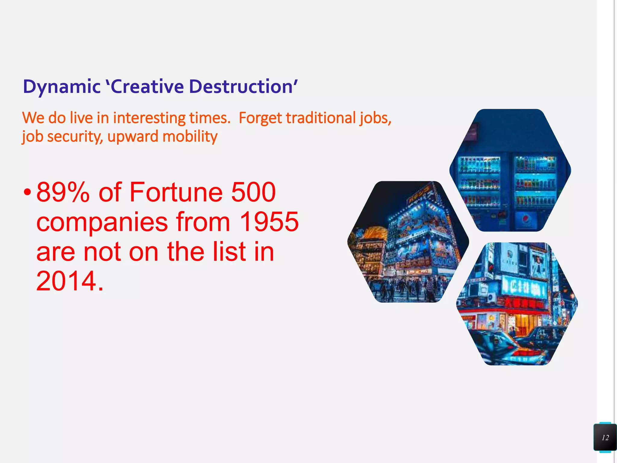 Dynamic ‘Creative Destruction’
We do live in interesting times. Forget traditional jobs,
job security, upward mobility
•89% of Fortune 500
companies from 1955
are not on the list in
2014.
12
 