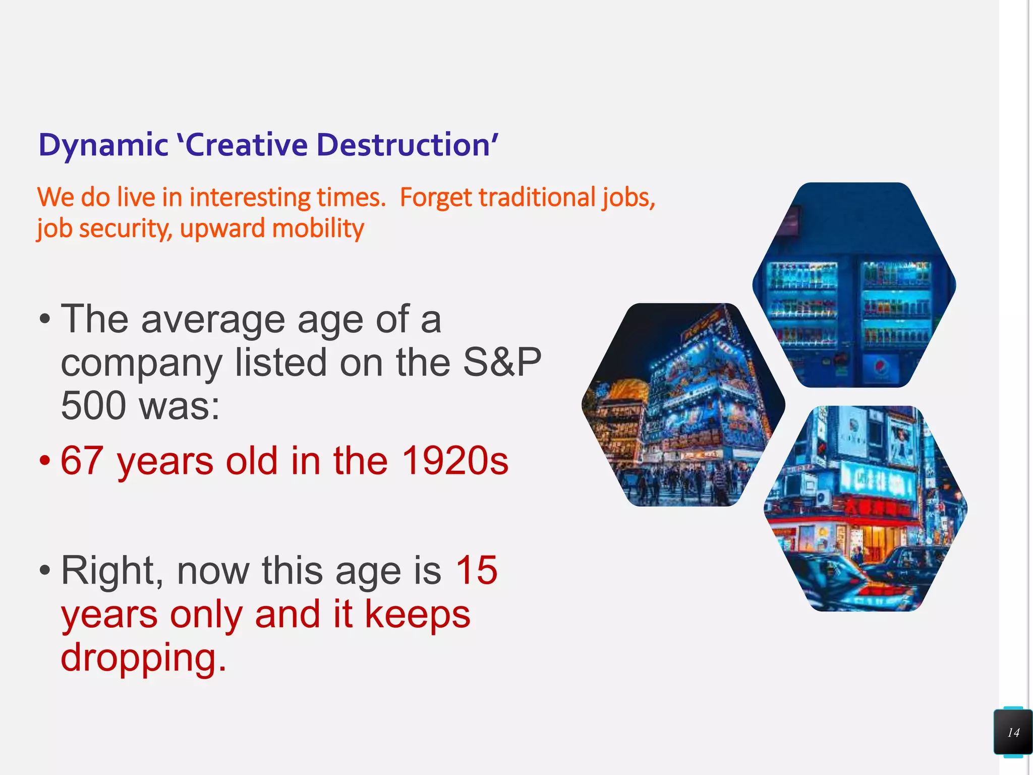 Dynamic ‘Creative Destruction’
We do live in interesting times. Forget traditional jobs,
job security, upward mobility
• The average age of a
company listed on the S&P
500 was:
• 67 years old in the 1920s
• Right, now this age is 15
years only and it keeps
dropping.
14
 