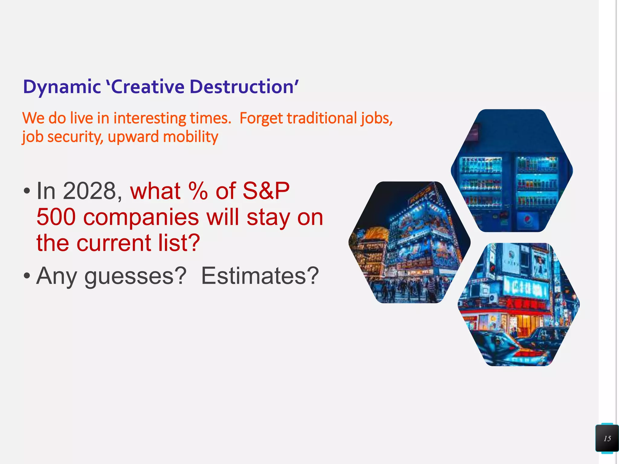 Dynamic ‘Creative Destruction’
We do live in interesting times. Forget traditional jobs,
job security, upward mobility
• In 2028, what % of S&P
500 companies will stay on
the current list?
• Any guesses? Estimates?
15
 