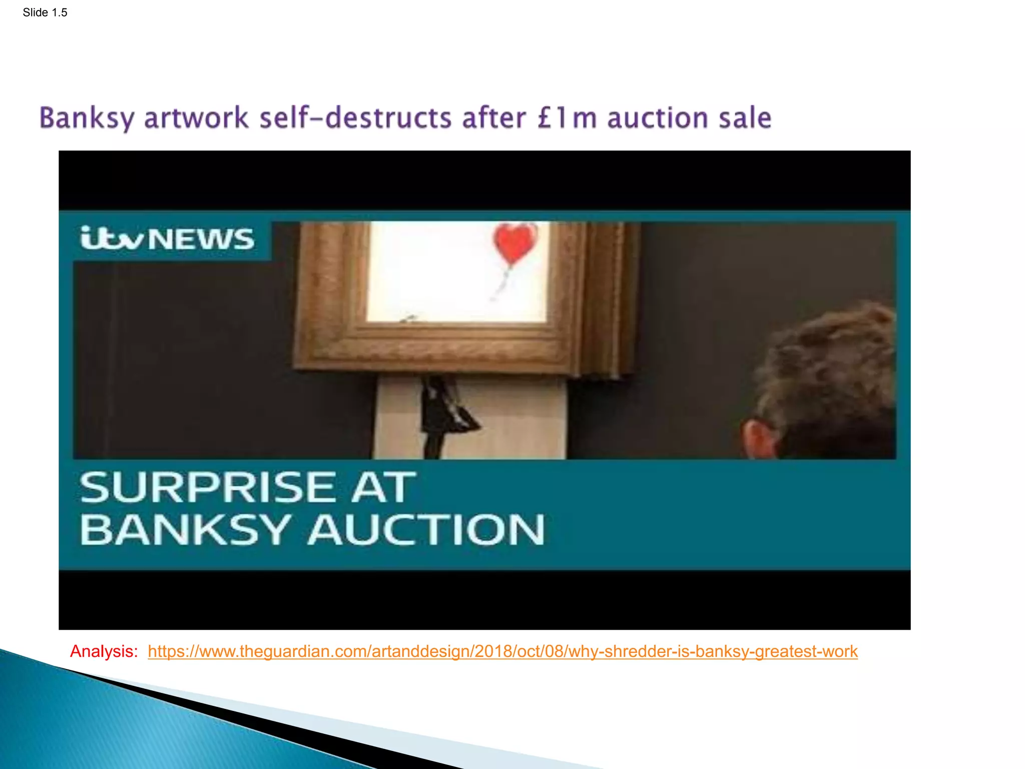 Slide 1.5
Analysis: https://www.theguardian.com/artanddesign/2018/oct/08/why-shredder-is-banksy-greatest-work
 