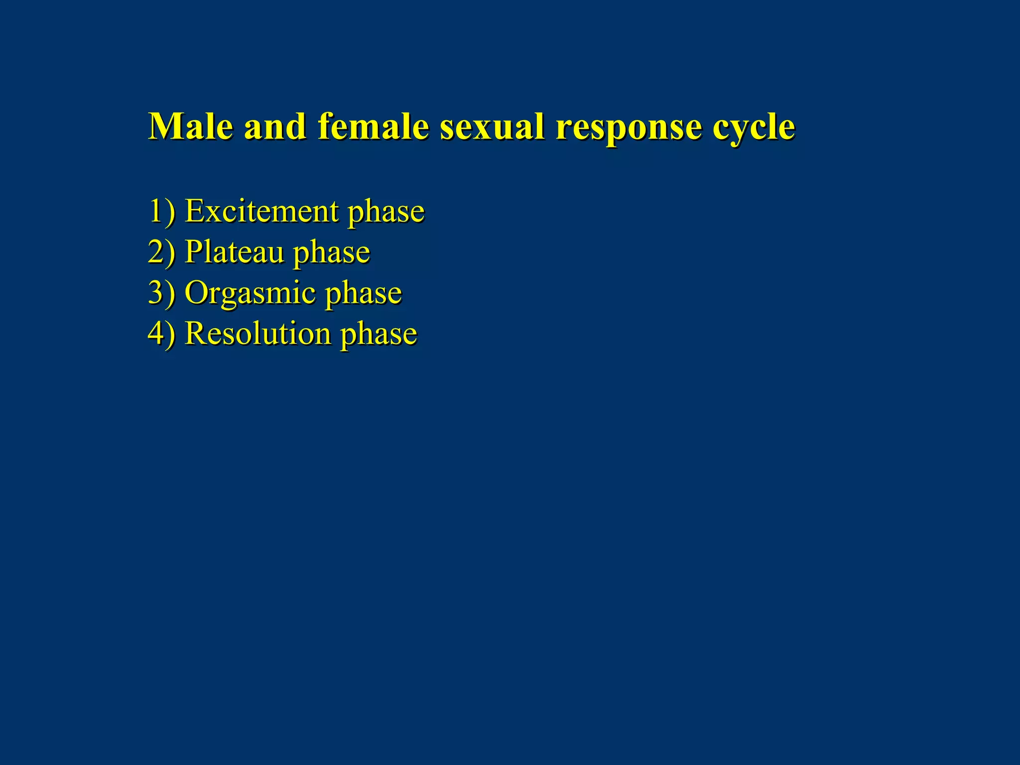 Male and female sexual response cycleMale and female sexual response cycle
1) Excitement phase1) Excitement phase
2)2) Plateau phasePlateau phase
3)3) Orgasmic phaseOrgasmic phase
4) Resolution phase4) Resolution phase
 