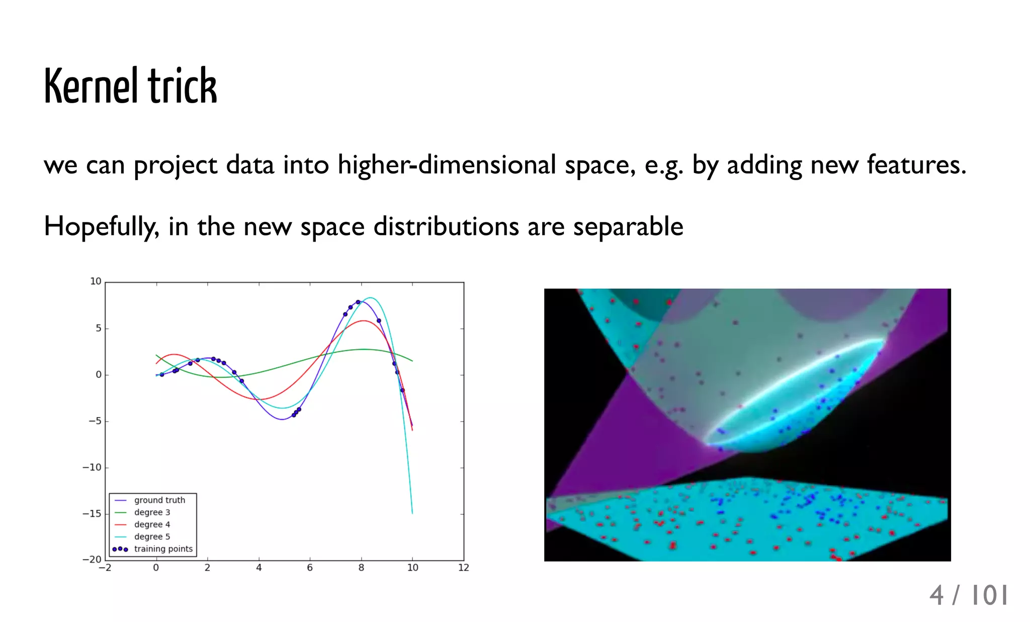 Kernel trick
we can project data into higher-dimensional space, e.g. by adding new features.
Hopefully, in the new space distributions are separable
4 / 101
 