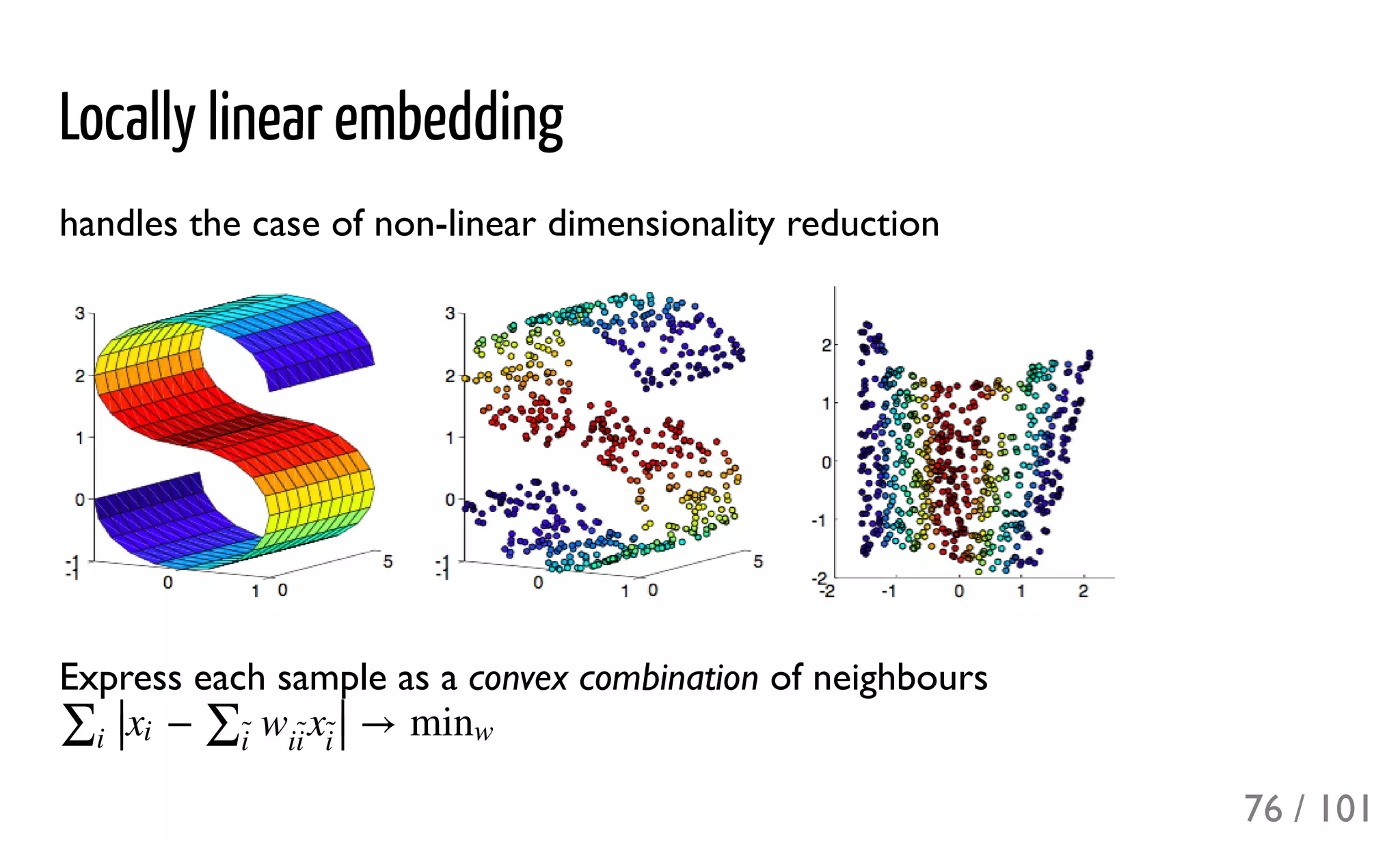 Locally linear embedding
handles the case of non-linear dimensionality reduction
Express each sample as a convex combination of neighbours
− →∑i
∣∣xi ∑i
̃ w
ii
̃ x
i
̃ 
∣∣ minw
76 / 101
 