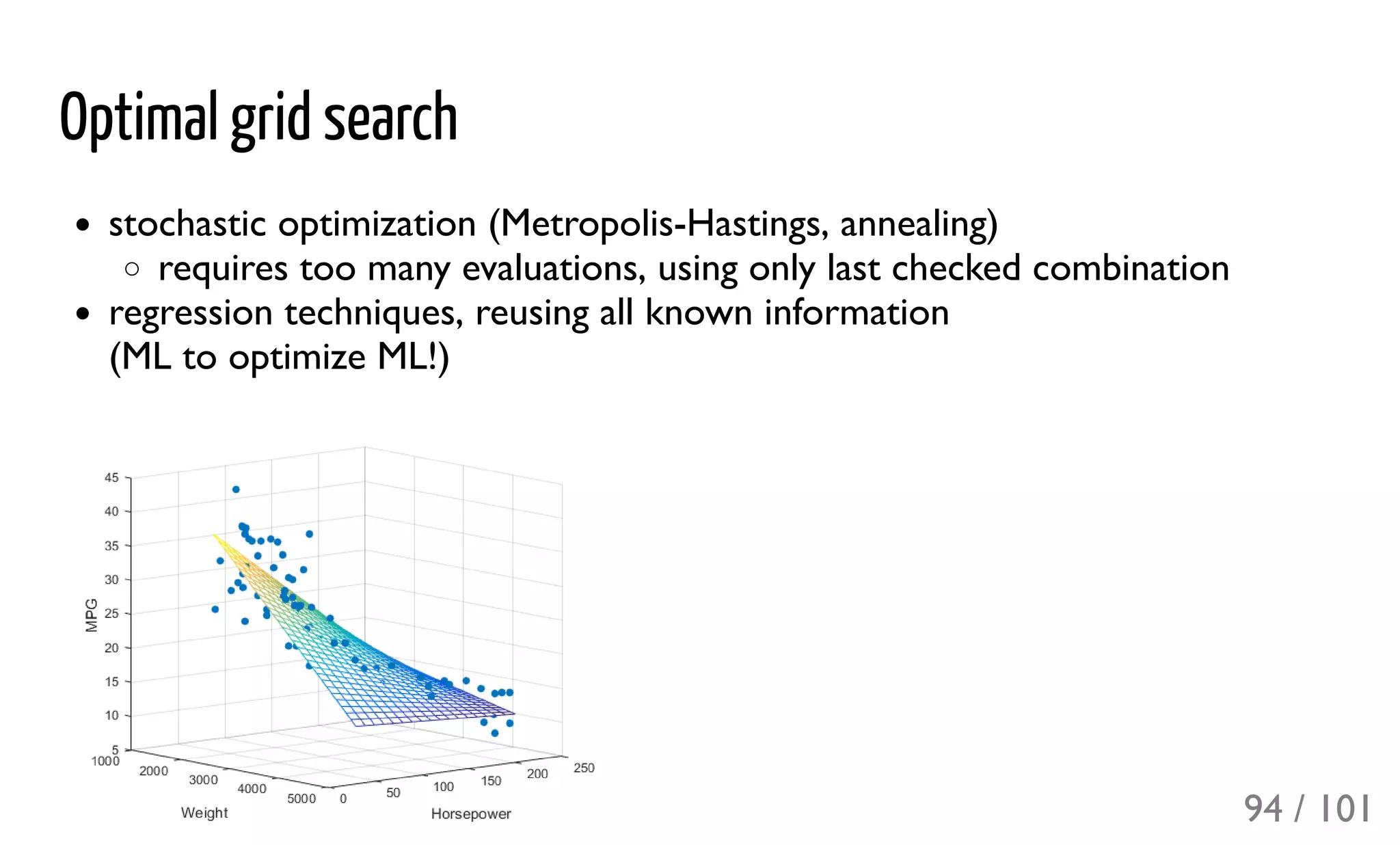 Optimal grid search
stochastic optimization (Metropolis-Hastings, annealing)
requires too many evaluations, using only last checked combination
regression techniques, reusing all known information
(ML to optimize ML!)
94 / 101
 