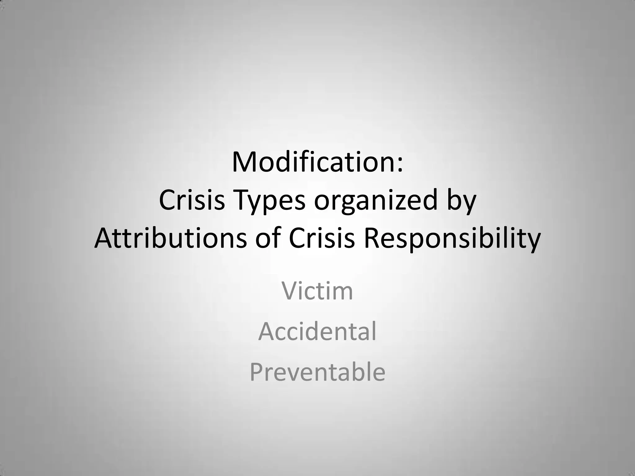 Modification:
     Crisis Types organized by
Attributions of Crisis Responsibility
               Victim
             Accidental
            Preventable
 
