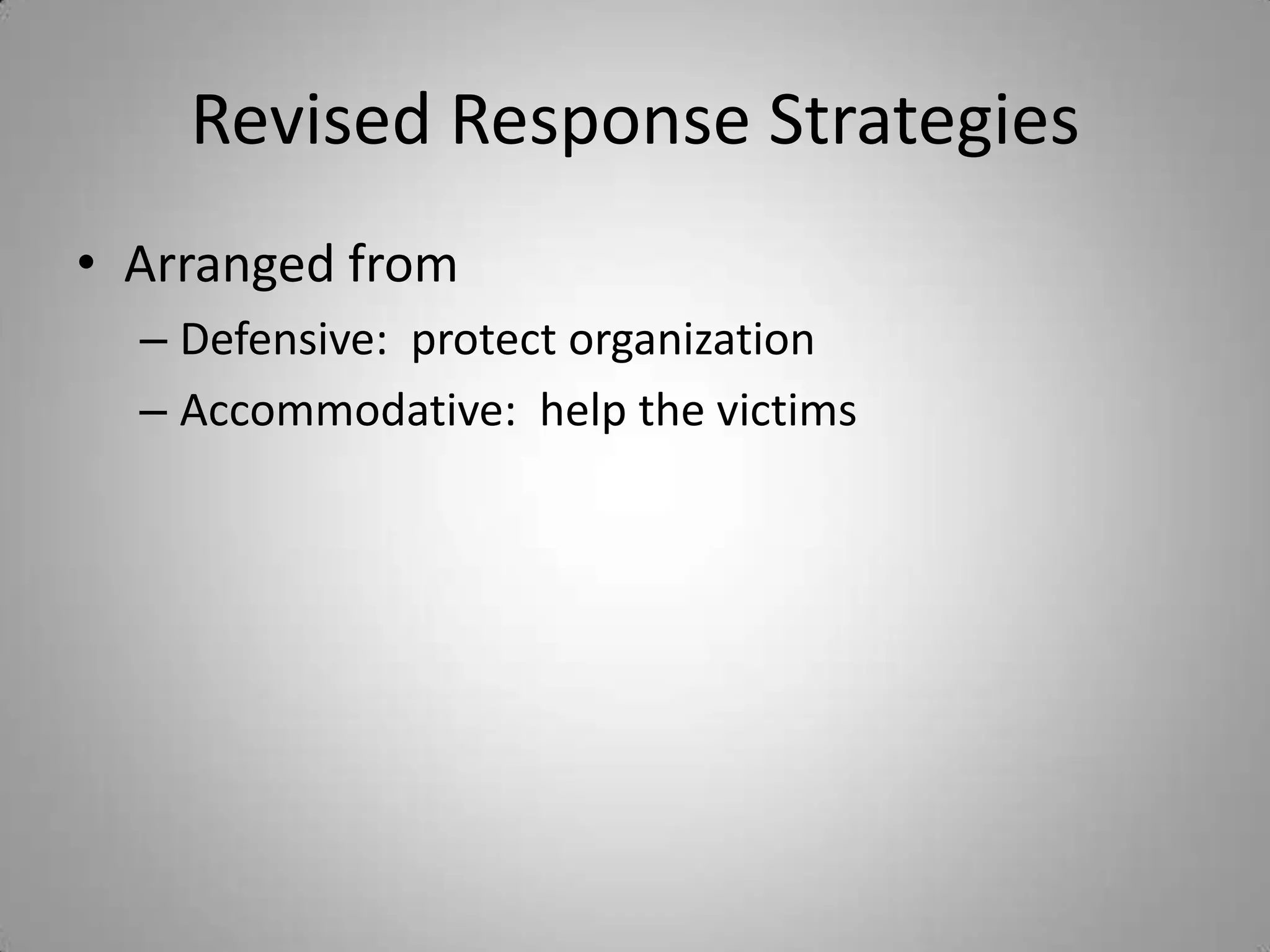 Revised Response Strategies
• Arranged from
  – Defensive: protect organization
  – Accommodative: help the victims
 