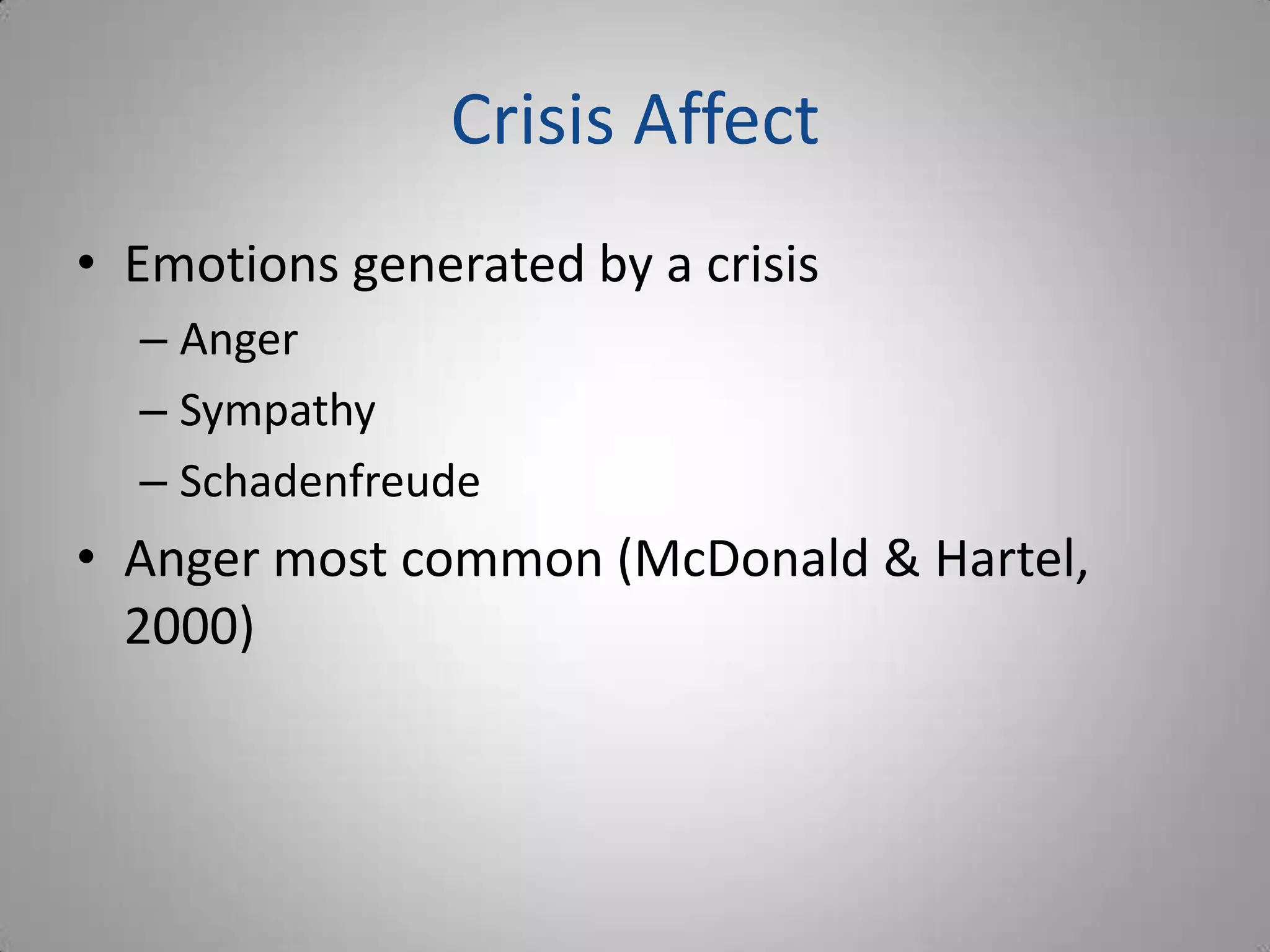 Crisis Affect
• Emotions generated by a crisis
  – Anger
  – Sympathy
  – Schadenfreude
• Anger most common (McDonald & Hartel,
  2000)
 