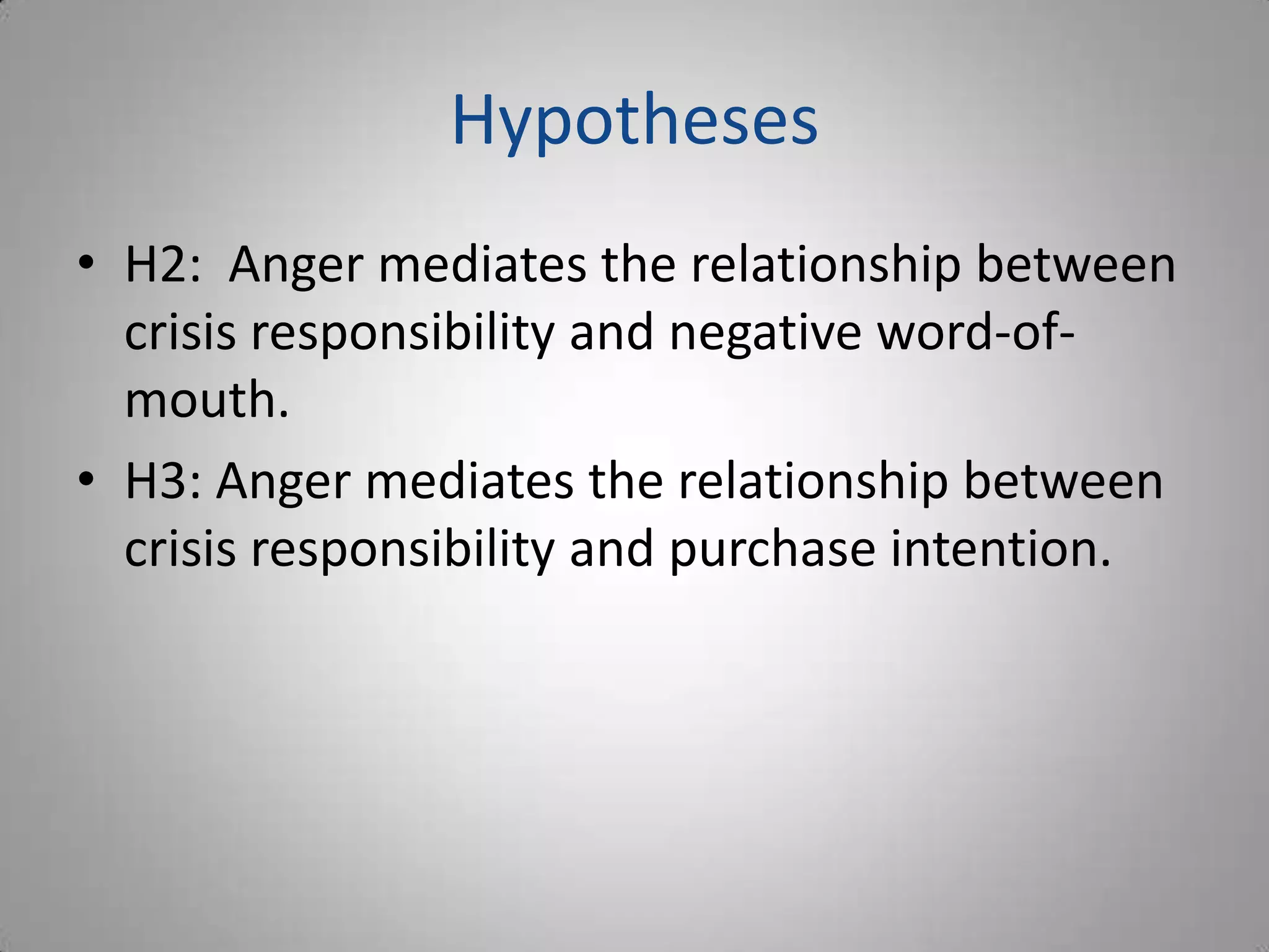 Hypotheses
• H2: Anger mediates the relationship between
  crisis responsibility and negative word-of-
  mouth.
• H3: Anger mediates the relationship between
  crisis responsibility and purchase intention.
 