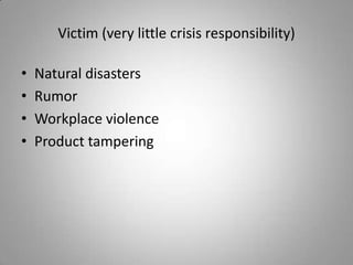 Victim (very little crisis responsibility)

•   Natural disasters
•   Rumor
•   Workplace violence
•   Product tampering
 