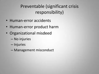Preventable (significant crisis
              responsibility)
• Human-error accidents
• Human-error product harm
• Organizational misdeed
  – No injuries
  – Injuries
  – Management misconduct
 