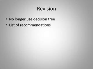 Revision
• No longer use decision tree
• List of recommendations
 