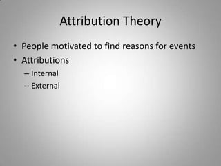 Attribution Theory
• People motivated to find reasons for events
• Attributions
  – Internal
  – External
 