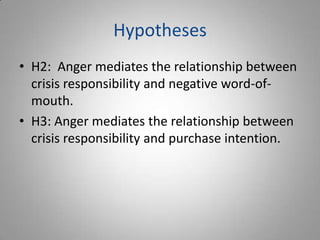 Hypotheses
• H2: Anger mediates the relationship between
  crisis responsibility and negative word-of-
  mouth.
• H3: Anger mediates the relationship between
  crisis responsibility and purchase intention.
 