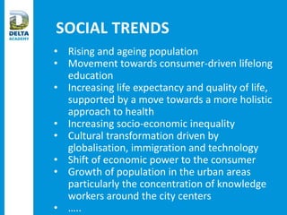 SOCIAL TRENDS
• Rising and ageing population
• Movement towards consumer-driven lifelong
education
• Increasing life expectancy and quality of life,
supported by a move towards a more holistic
approach to health
• Increasing socio-economic inequality
• Cultural transformation driven by
globalisation, immigration and technology
• Shift of economic power to the consumer
• Growth of population in the urban areas
particularly the concentration of knowledge
workers around the city centers
• …..
 