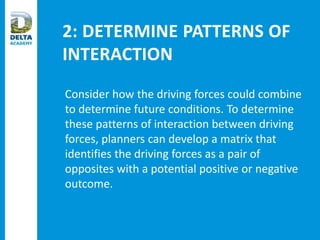 2: DETERMINE PATTERNS OF
INTERACTION
Consider how the driving forces could combine
to determine future conditions. To determine
these patterns of interaction between driving
forces, planners can develop a matrix that
identifies the driving forces as a pair of
opposites with a potential positive or negative
outcome.
 