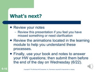 What’s next? Review your notes Review this presentation if you feel you have missed something or need clarification Review the animations located in the learning module to help you understand these processes. Finally, use your book and notes to answer your HW questions; then submit them before the end of the day on Wednesday (6/22). Copyright © The McGraw-Hill Companies, Inc. Permission required for reproduction or display. 6- 