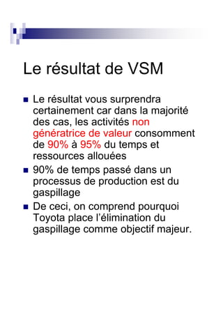 Le résultat de VSM
 Le résultat vous surprendra
 certainement car dans la majorité
 des cas, les activités non
 génératrice de valeur consomment
 de 90% à 95% du temps et
 ressources allouées
 90% de temps passé dans un
 processus de production est du
 gaspillage
 De ceci, on comprend pourquoi
 Toyota place l’élimination du
 gaspillage comme objectif majeur.
 