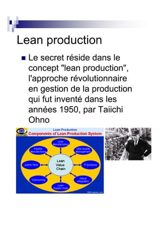 Lean production
  Le secret réside dans le
  concept "lean production",
  l'approche révolutionnaire
  en gestion de la production
  qui fut inventé dans les
  années 1950, par Taiichi
  Ohno
 
