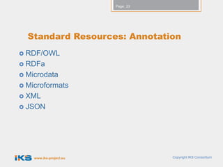 Page: 23




  Standard Resources: Annotation
 RDF/OWL
 RDFa
 Microdata
 Microformats
 XML
 JSON




    www.iks-project.eu              Copyright IKS Consortium
 