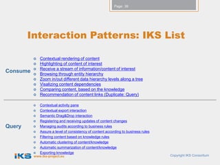 Page: 39




        Interaction Patterns: IKS List

             Contextual rendering of content
             Highlighting of content of interest
             Receive a stream of information/content of interest
Consume      Browsing through entity hierarchy
             Zoom in/out different data hierarchy levels along a tree
             Visalizing content dependencies
             Comparing content, based on the knowledge
             Recommendation of content links (Duplicate: Query)

             Contextual activity pane
             Contextual export interaction
             Semantic Drag&Drop interaction
             Registering and receiving updates of content changes
Query        Managing audits according to business rules
             Assure a level of consistency of content according to business rules
             Filtering content based on knowledge rules
             Automatic clustering of content/knowledge
             Automatic summarization of content/knowledge
             Exporting knowledge
          www.iks-project.eu                                                         Copyright IKS Consortium
 