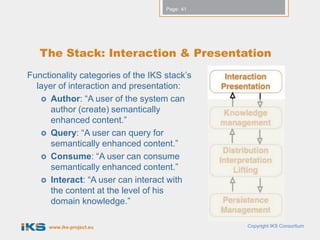Page: 41




   The Stack: Interaction & Presentation
Functionality categories of the IKS stack’s
  layer of interaction and presentation:
    Author: “A user of the system can
      author (create) semantically
      enhanced content.”
    Query: “A user can query for
      semantically enhanced content.”
    Consume: “A user can consume
      semantically enhanced content.”
    Interact: “A user can interact with
      the content at the level of his
      domain knowledge.”

     www.iks-project.eu                        Copyright IKS Consortium
 