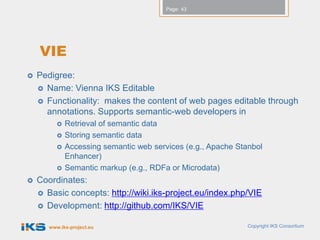 Page: 43




    VIE
   Pedigree:
     Name: Vienna IKS Editable
     Functionality: makes the content of web pages editable through
      annotations. Supports semantic-web developers in
             Retrieval of semantic data
             Storing semantic data
             Accessing semantic web services (e.g., Apache Stanbol
              Enhancer)
             Semantic markup (e.g., RDFa or Microdata)
   Coordinates:
     Basic concepts: http://wiki.iks-project.eu/index.php/VIE
     Development: http://github.com/IKS/VIE


       www.iks-project.eu                                      Copyright IKS Consortium
 